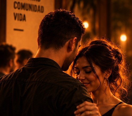 Una pareja comparte un momento de baile en un ambiente cálido